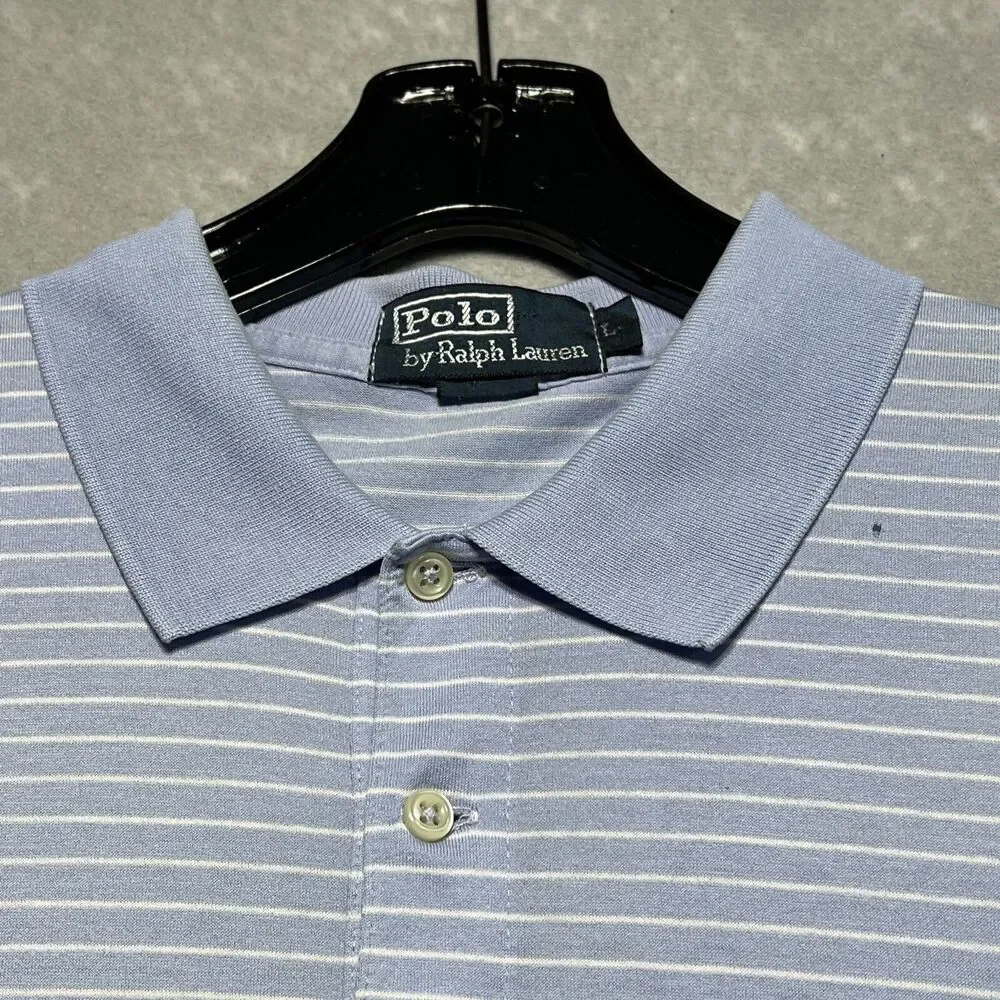 Polo Ralph Lauren Shirt Mens Large Blue Striped Short Sleeve Polo Soft Cotton - Picture 12 of 13